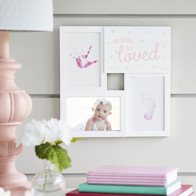 Tiny Ideas Baby Prints Collage Keepsake Frame With Included Ink Pad, Newborn Handprint And Footprint Nursery Decor, So Little So Loved, Pink/White - Image 2